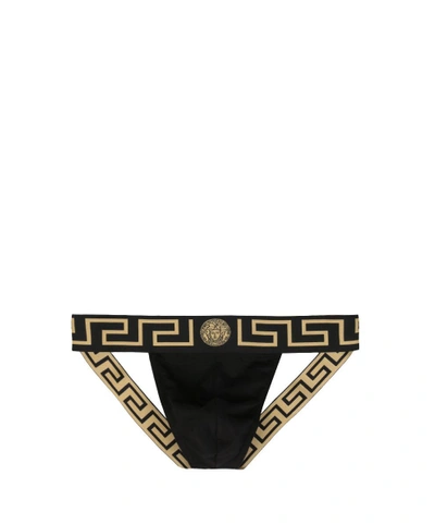 Versace Black Greek Key Medusa Jersey Cotton Jockstrap In Nero