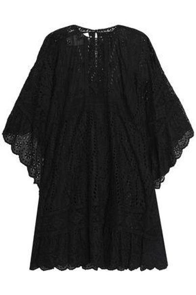 Valentino Draped Broderie Anglaise Cotton-blend Mini Dress In Black