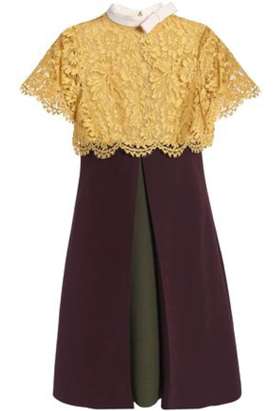 Valentino Woman Corded Lace-paneled Wool And Silk-blend Mini Dress Yellow
