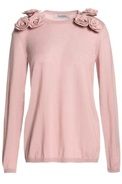 Valentino Woman Floral-appliquéd Wool Peplum Cardigan Baby Pink