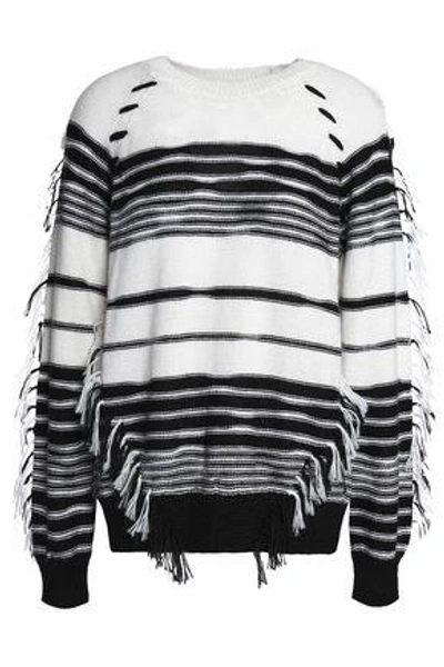 Antik Batik Woman Fringe-trimmed Striped Knitted Sweater White