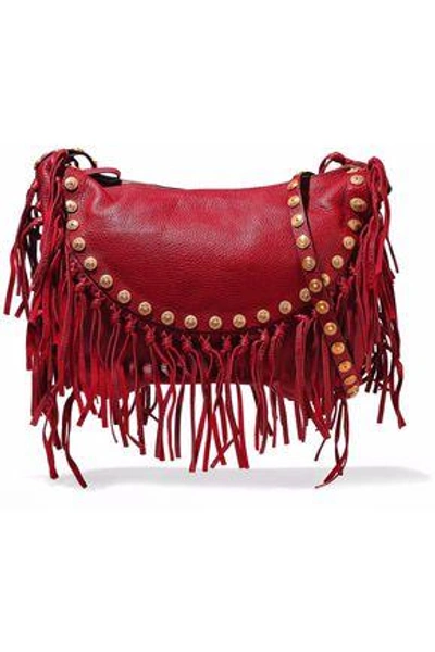 Valentino Garavani Woman C-rockee Fringed Studded Textured-leather Shoulder Bag Crimson