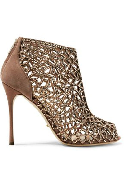 Sergio Rossi Woman Royal Strass Crystal-embellished Laser-cut And Smooth Suede Ankle Boots Antique Rose In Bright Skin