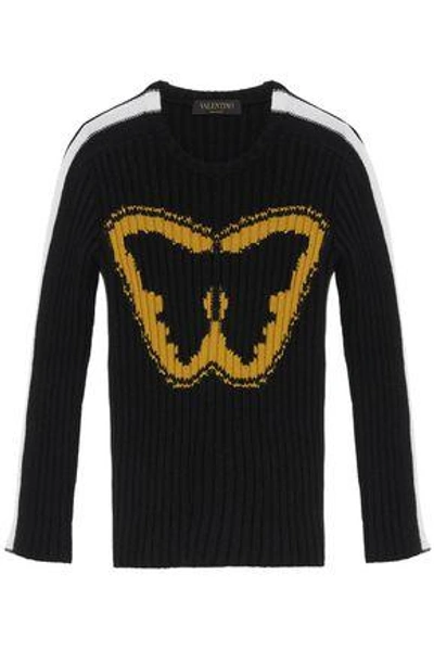 Valentino Woman Ribbed Intarsia Wool Sweater Black