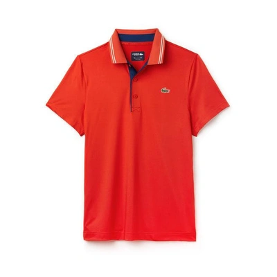 Lacoste Men's Sport Lettering Stretch Technical Jersey Golf Polo Shirt In Red / Navy Blue / White