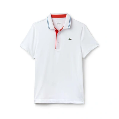 Lacoste Men's Sport Lettering Stretch Technical Jersey Golf Polo Shirt In White / Red / Blue