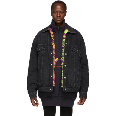 Balenciaga Japanese Black Denim Jacket W/ Neon Animal-print Faux-fur Lining  In 1055-washed Black | ModeSens