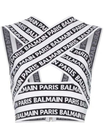 Balmain Knit Cross Neck Logo Top In White