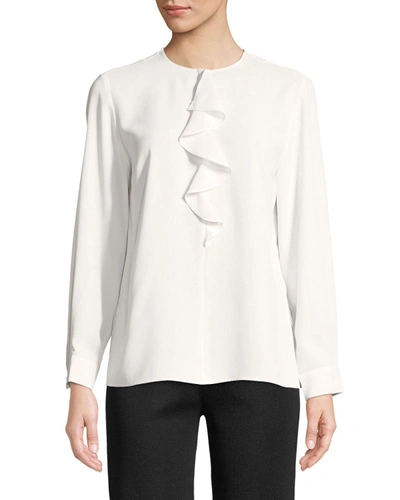 Misook Long-sleeve Ruffle-front Shirt In White