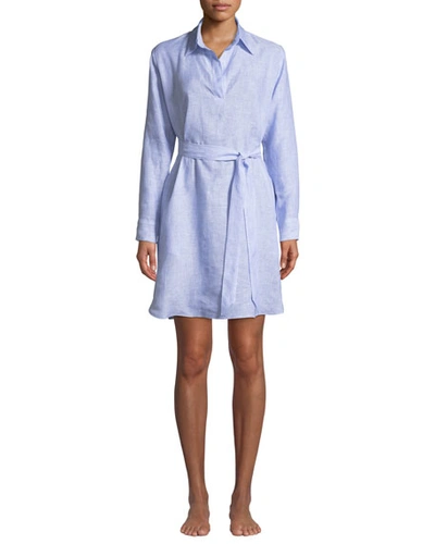 Pour Les Femmes Linen Lounge Shirt Dress In Light Blue