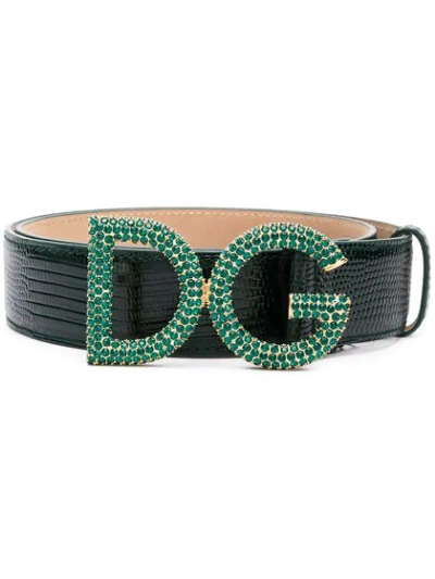 Dolce & Gabbana Snake Embossed Crystal Logo Belt In Green