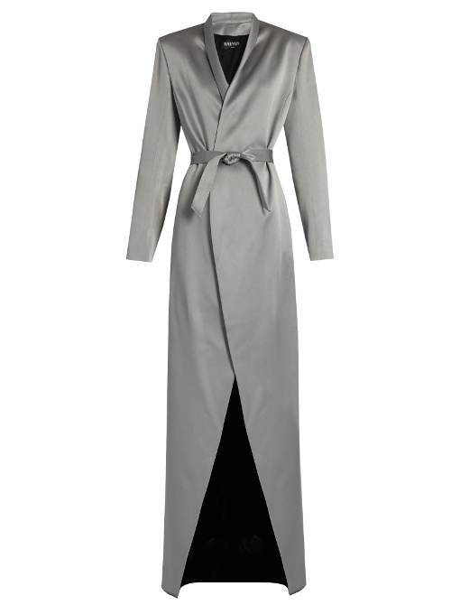 Balmain Belted Satin Coat In Grey | ModeSens