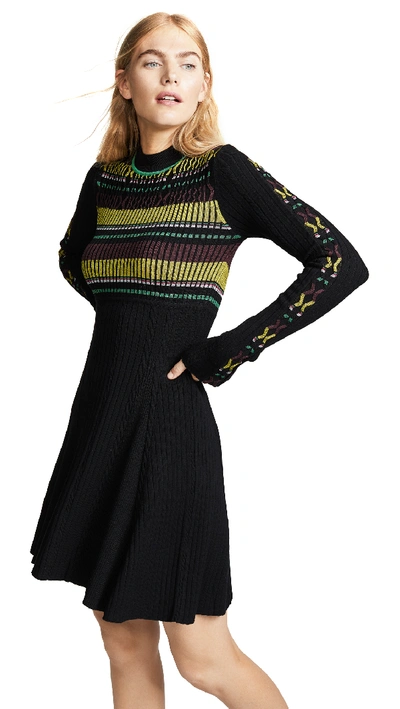 Opening Ceremony Ribbed Long-sleeve Striped Flare Dress In Black Multi