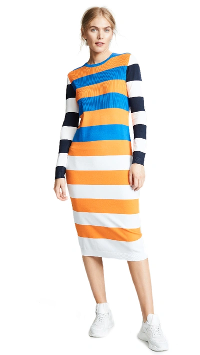Tory Sport Broad-stripe Tech Knit Long-sleeve Midi Dress In Broad Stripe