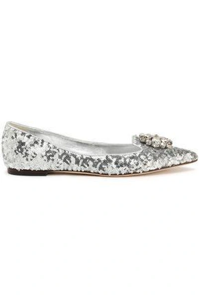 Dolce & Gabbana Woman Crystal-embellished Sequined Leather Point-toe Flats Silver