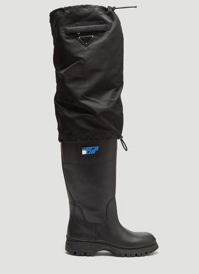 Prada Detachable Nylon Gaiter Leather Boots In Black