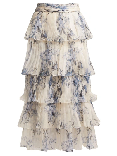 Johanna Ortiz Journey Of The Soul Tiered Pleated Floral-print Silk-organza Skirt In White