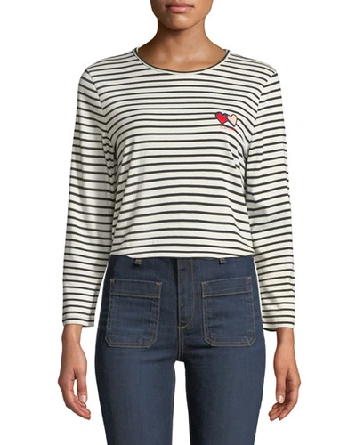 Chinti & Parker Twin Heart Striped Long-sleeve Crewneck Tee In White/black