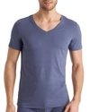 Hanro Stretch Cotton Superior V-neck Short Sleeve Shirt In Cliff Blue