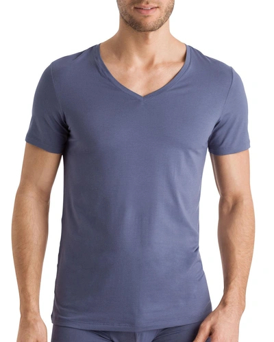 Hanro Stretch Cotton Superior V-neck Short Sleeve Shirt In Cliff Blue
