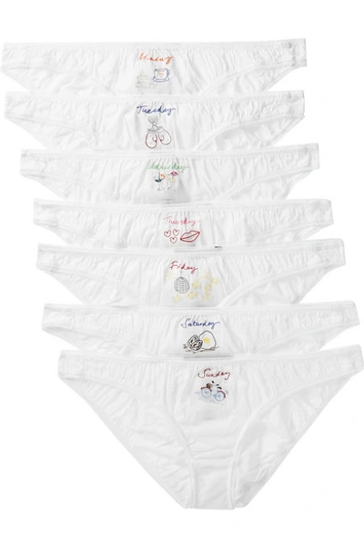 Stella Mccartney Knickers Of The Week Set Of Seven Embroidered Cotton-blend Briefs In Ivory