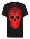 Philipp Plein T-shirt Black Cut Round Neck Skull In Black / Red