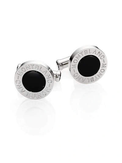 Montblanc Logo-embossed Stainless Steel Round Cufflinks W/ Onyx Inlay In Stainless Steel And Black