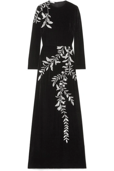 Oscar De La Renta Crystal-embellished Velvet Gown In Black