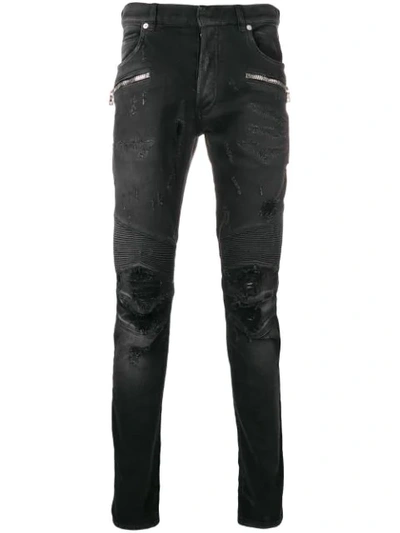 Balmain Biker Skinny Jeans In Black