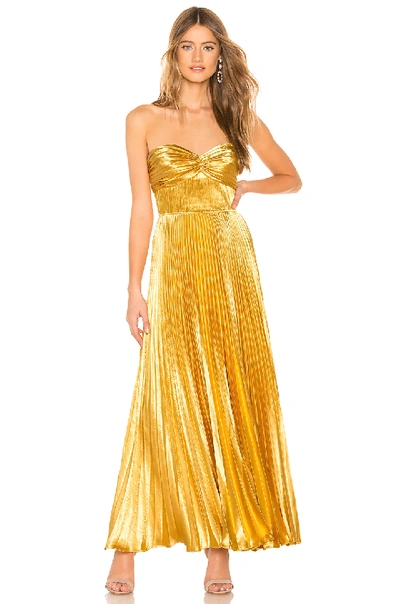 Amur Belle Pleated Satin Strapless Gown In Gold