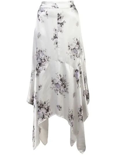 Ganni Cameron Handkerchief-hem Floral-print Satin Skirt In White