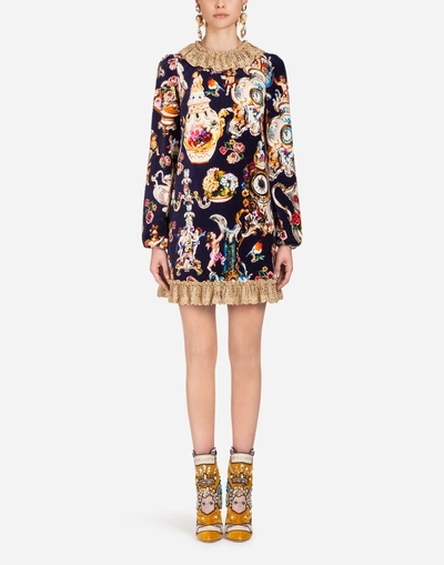 Dolce & Gabbana Printed Velvet Dress In Multi-colored