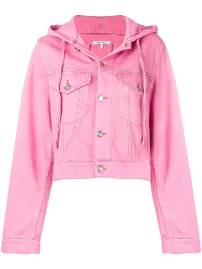 Ganni Hooded Cropped Denim Jacket In Pink Overdye