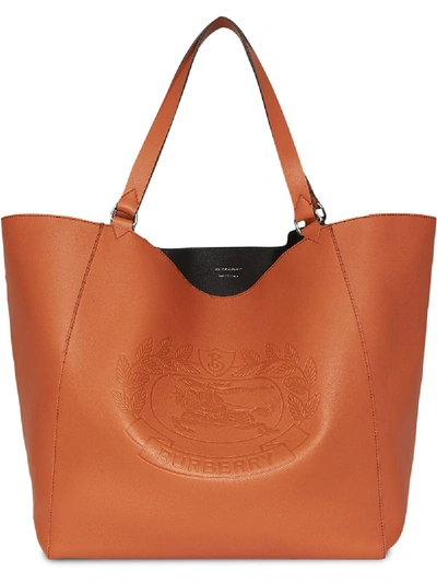 Burberry Large Embossed Crest Bonded Leather Tote In Brown
