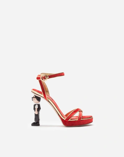 Dolce & Gabbana Sandals In Velvet And Mordoré Nappa Leather With Sculpted Heel In Red