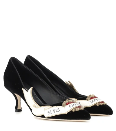 Dolce & Gabbana Velvet Pumps With Embroidery In Black,white,gold