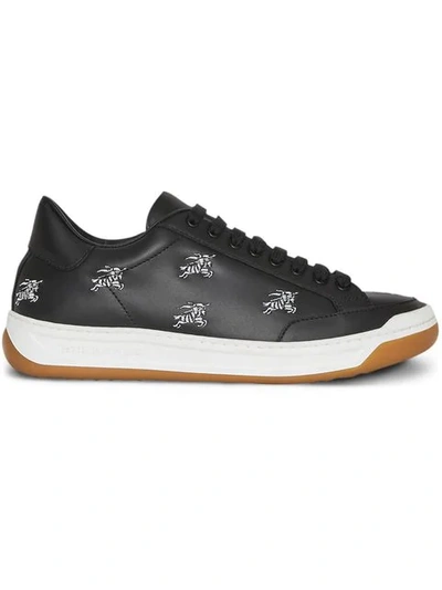 Burberry Equestrian Knight Embroidered Leather Sneakers In Black