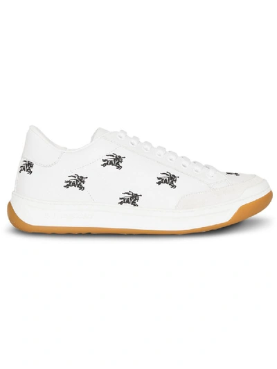 Burberry Equestrian Knight Embroidered Leather Sneakers In White