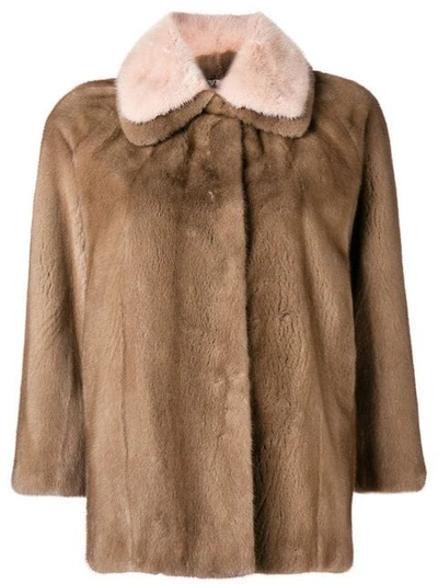 Liska Contrast Collar Fur Jacket In Brown