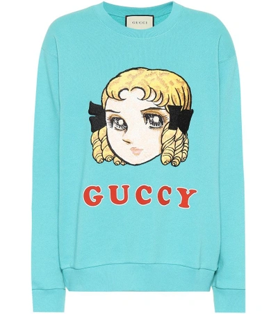 Gucci Guccy Embroidered Cotton Sweatshirt In Blue