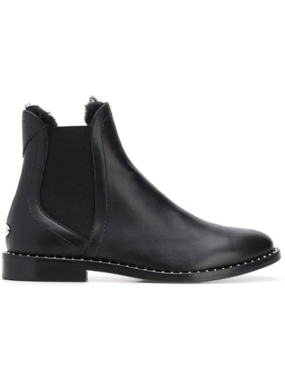 Jimmy Choo Merril Flat Black Leather Ankle Boots With Black Shearling