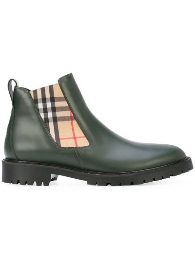 Burberry Vintage Check Detail Leather Chelsea Boots In Green