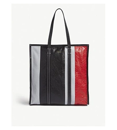 Balenciaga Bazar Medium Striped Leather Tote In Gry Blk Red