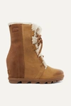 Sorel Joan Of Arctic Wedge Ii Shearling-trimmed Waterproof Leather And Suede Ankle Boots In Light Brown