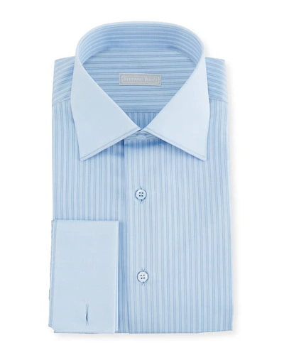 Stefano Ricci Men's Striped French-cuff Dress Shirt With Solid Trim In Light Blue