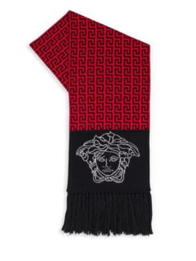 Versace Men's Logo Pattern Fringed Wool Scarf In Red Black