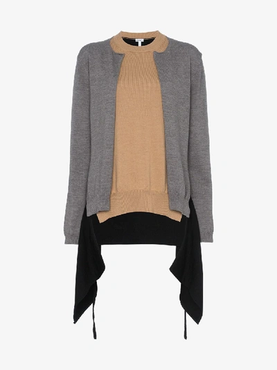 Loewe Double Layer Asymmetric Wool Cardigan In Brown Black Grey