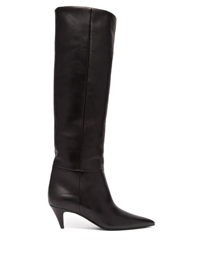 Saint Laurent Leather Charlotte Kitten Heel Knee High Boots In Black