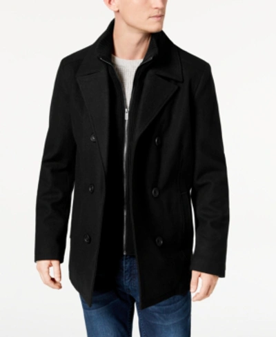 Kenneth Cole Men's Big & Tall Double Breasted Wool Peacoat With Bib In Black