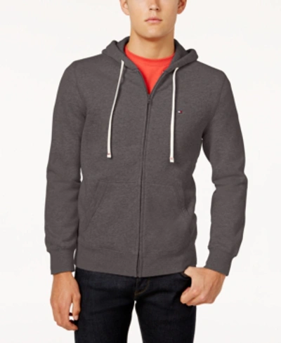 Tommy Hilfiger Plains Drawstring Full-zip Cotton Hoodie In Charcoal Grey